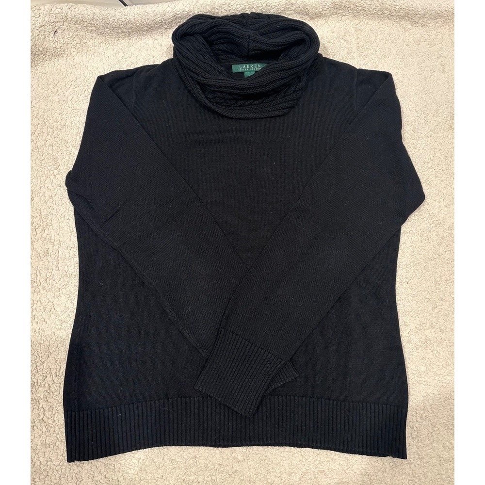 Lauren Ralph Lauren Black Cotton Cowl Neck Cable Knit Sweater Womens Large
